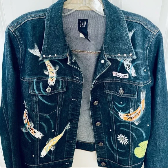 Gap Jean Jacket w/ Custom Handpainted Koi Fish & Haruka Girl - Picture 4 of 6